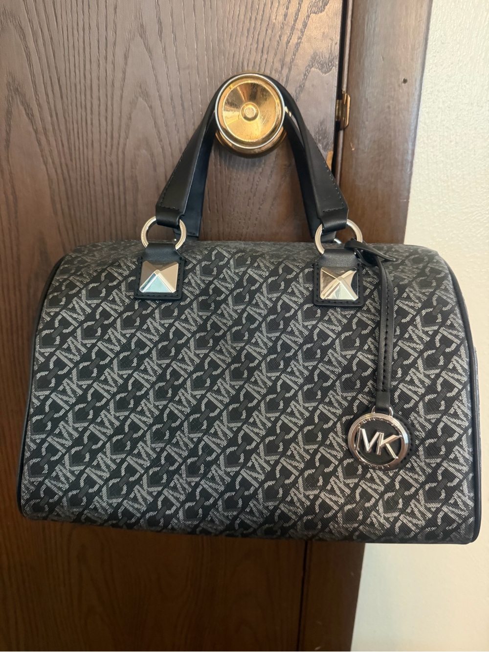 Michael Kors Black and Silver Grayson Medium Duffle Satchel NWT